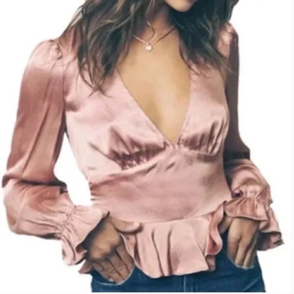 Saylor Pink Salmon Satin Peplum Top Blouse Women’s Size Small S NWT